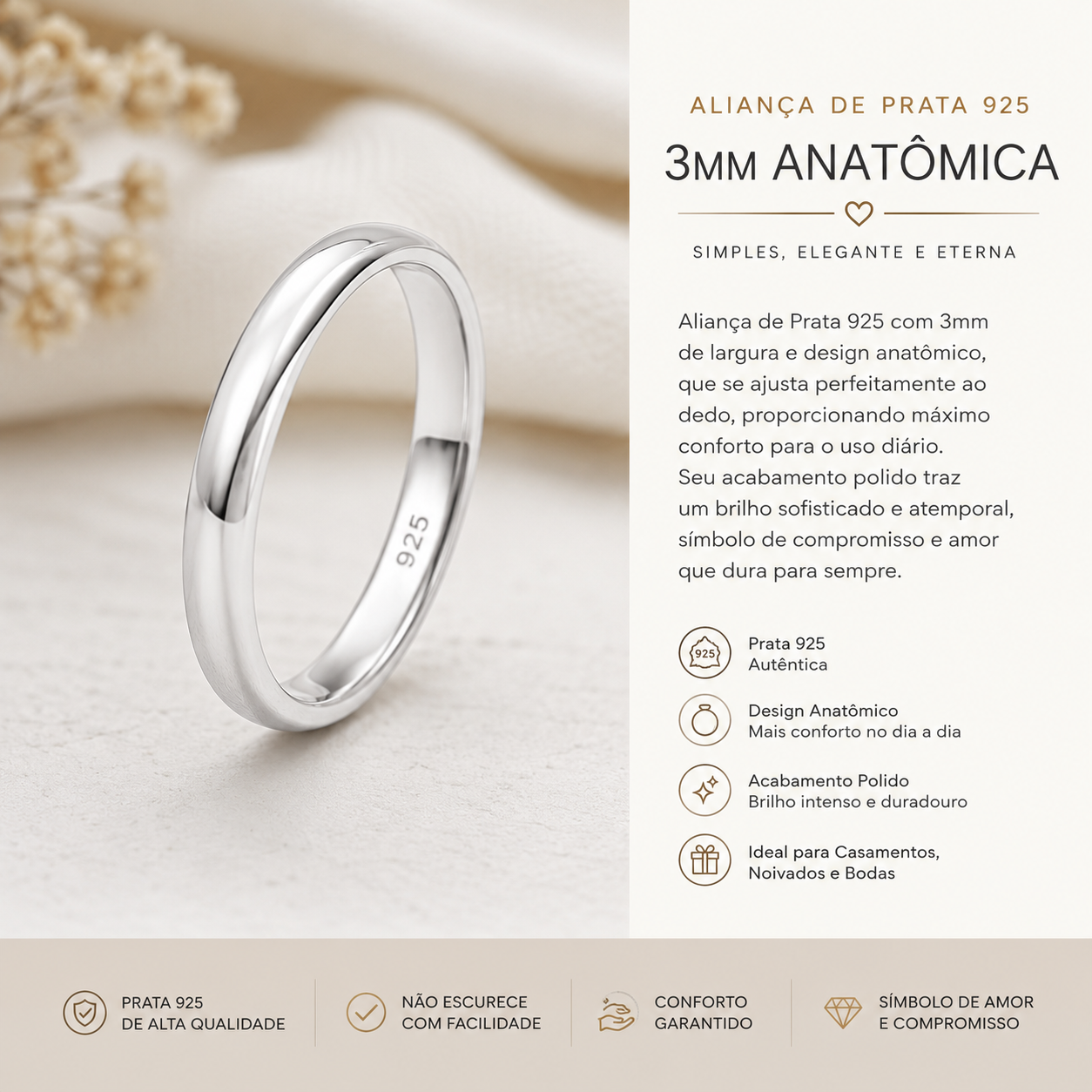 Aliança de Prata 925 Anatômica 3mm – Conforto, Elegância e Brilho Duradouro