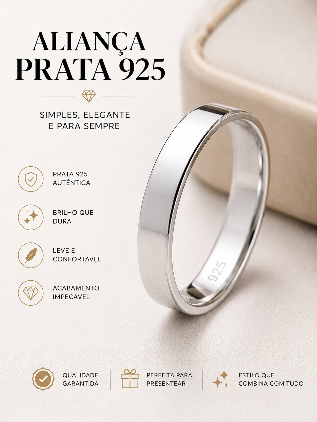 Aliança Prata 925 Lisa com Uma Borda | Modelo Elegante e Sofisticado